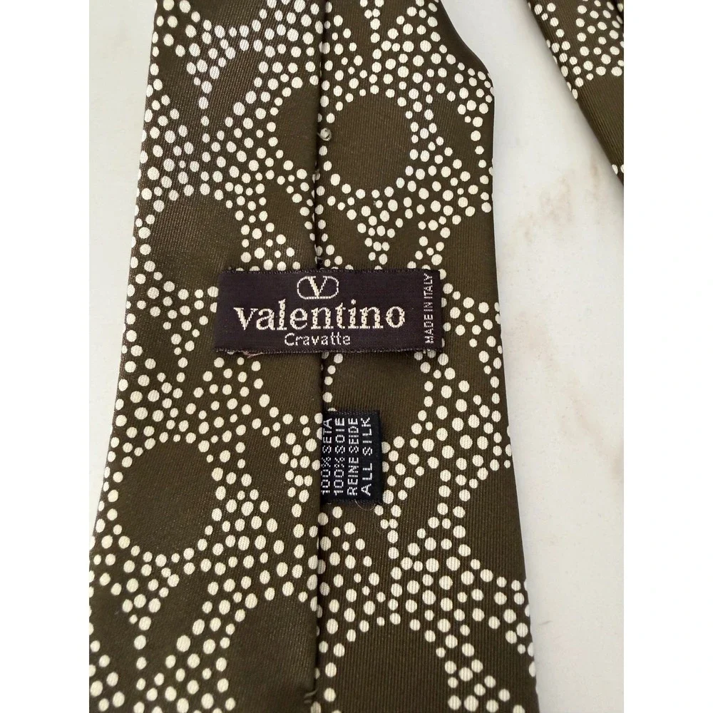 Valentino Cravatte Mens Silk‎ Tie Olive Green White Geometric Dot Logo Italy
